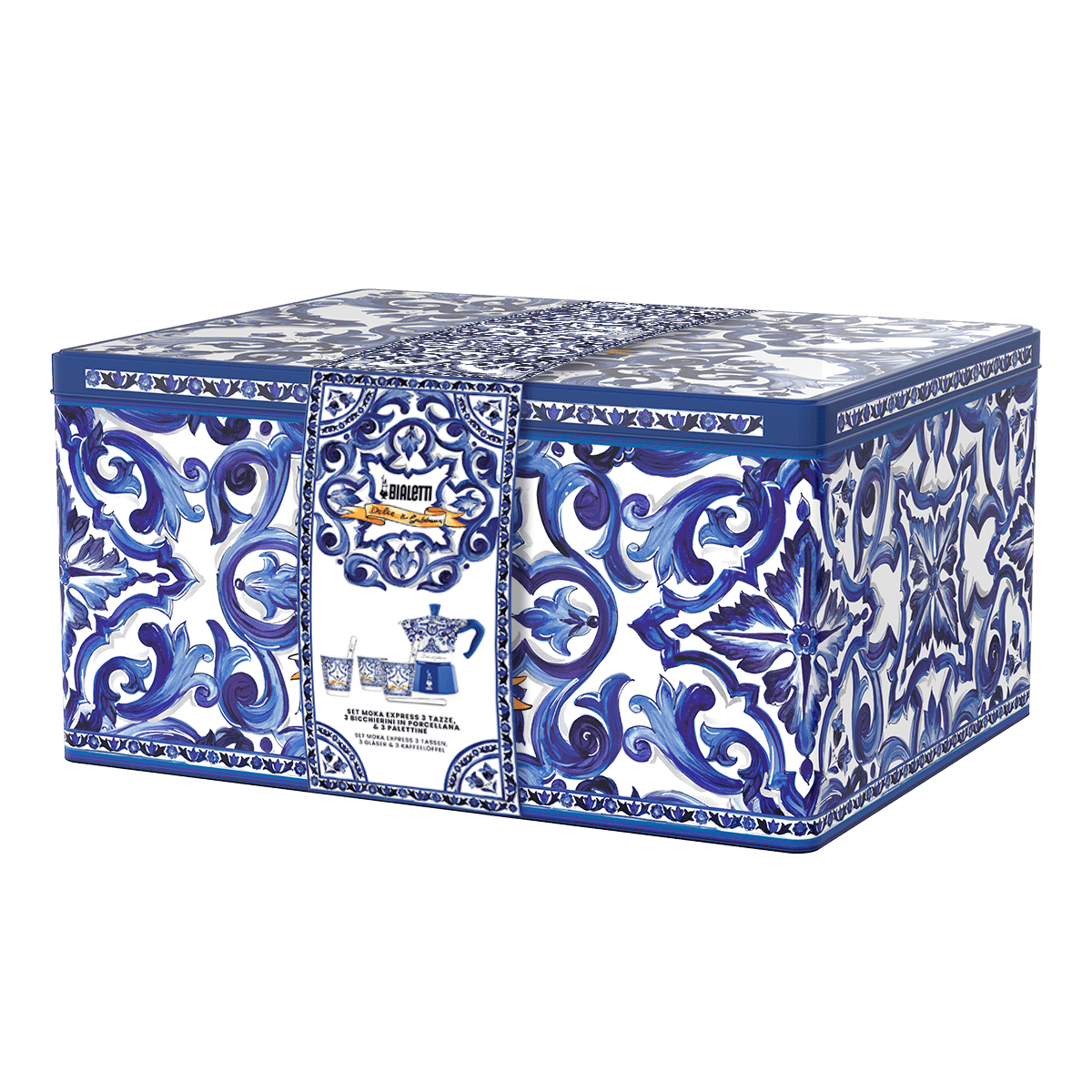Bialetti Dolce & Gabbana Box Moka Express Blu Mediterraneo за 6 шолј.,3 порцелански шолјички и 3 сребрени лаж.